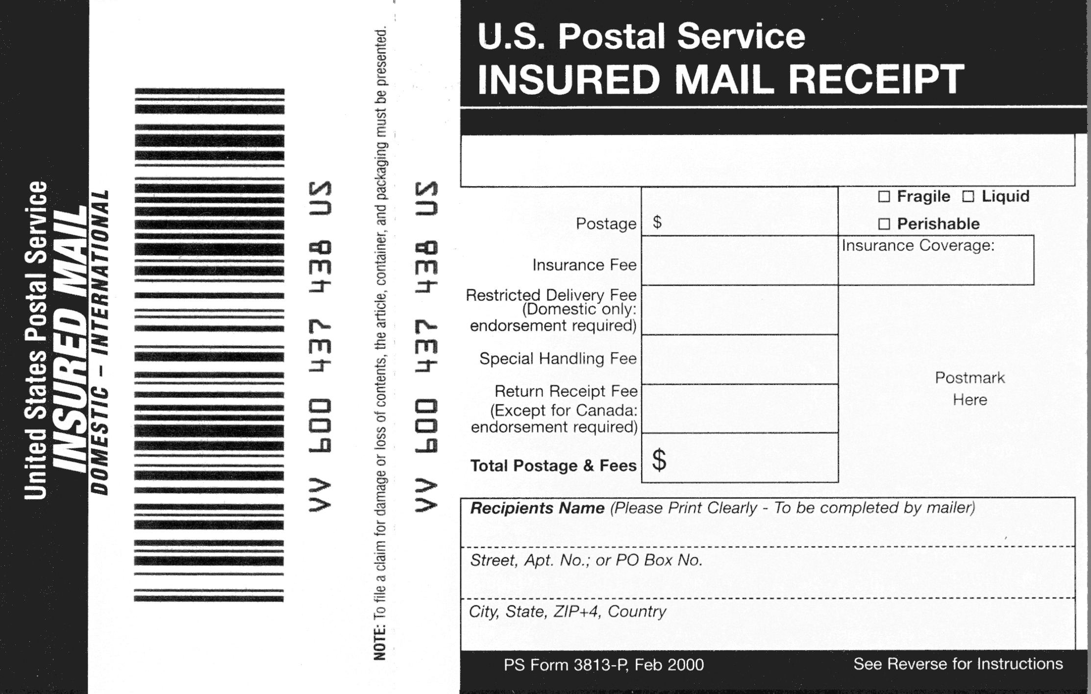 Shows Form 3813, Insured Mail receipt. 