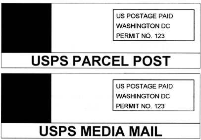 Shows two sample labels with the Parcel Post and Media Mail service indicators.