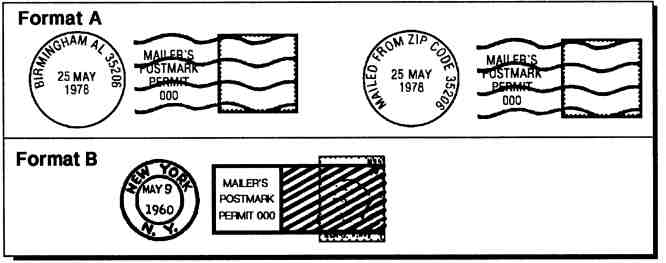 Shows the formats for a mailer's precancel postmarks. 