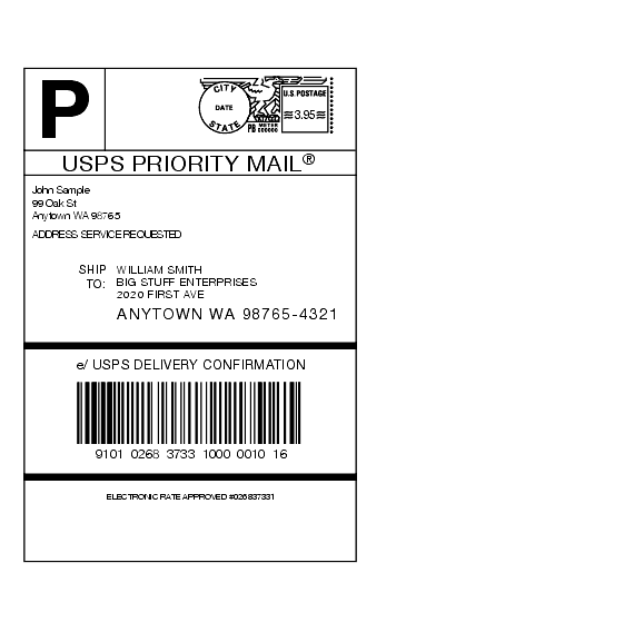Shows a privately printed Delivery Confirmation label with Priority Mail service indicator.