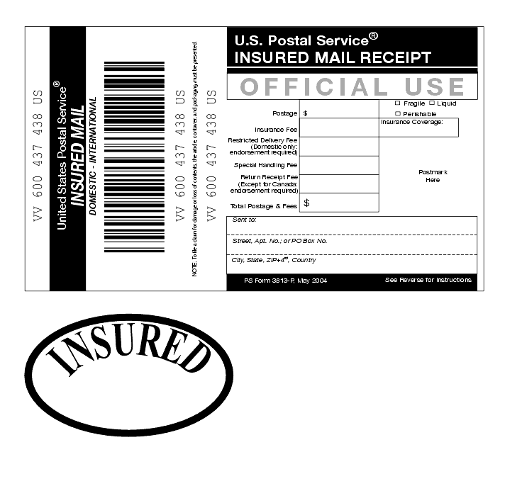 Shows Form 3813, Insured Mail receipt.