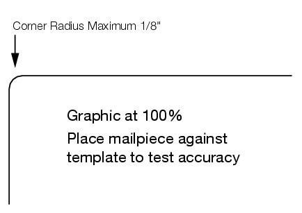 Illustration depicting the maximum corner radius (not to exceed 0.125 inch) for letter-size, card-type mailpieces.Click on graphic to view at 100%, then place mailpiece against template to test accuracy. (enlarged image)