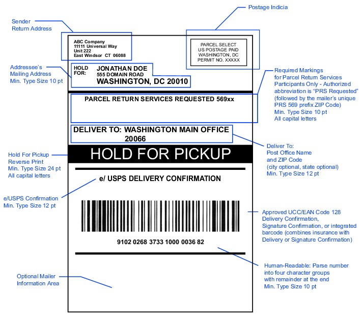 Shows the format for a Hold For Pickup address label. (enlarged image)