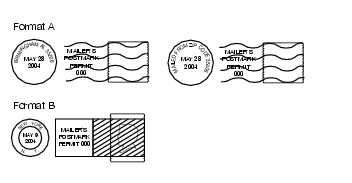 Shows the formats for mailer's precancel postmarks. (click for larger image)