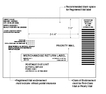Shows a merchandise return service penalty label without insurance or other special services added. (click for larger image)