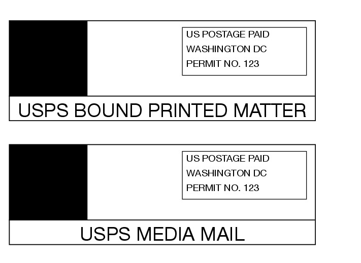 Shows two sample labels with Bound Printed Matter and Media Mail