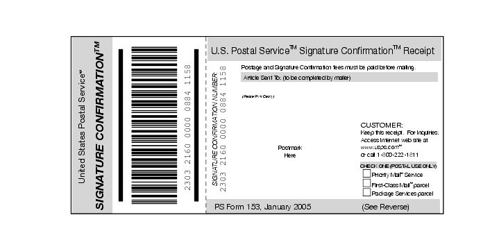 Shows Form 153, Signature Confirmation receipt.