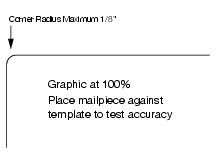 Illustration depicting the maximum corner radius (not to exceed 0.125 inch) for letter-size, card-type mailpieces.Click on graphic to view at 100%, then place mailpiece against template to test accuracy. (click for larger image)