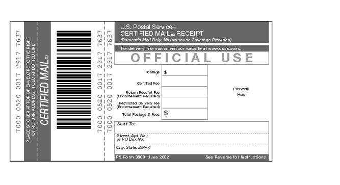 Shows Form 3800, Certified Mail receipt. (enlarged image)