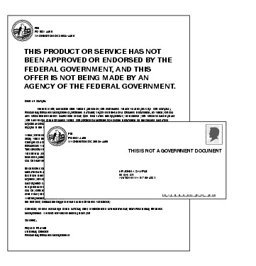 Shows mailpieces with disclaimers for solicitations that imply a connection to the federal government. (click for larger image)