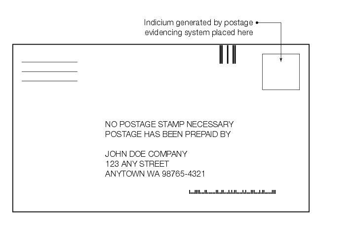Shows sample markings for metered reply postage.  (enlarged image)