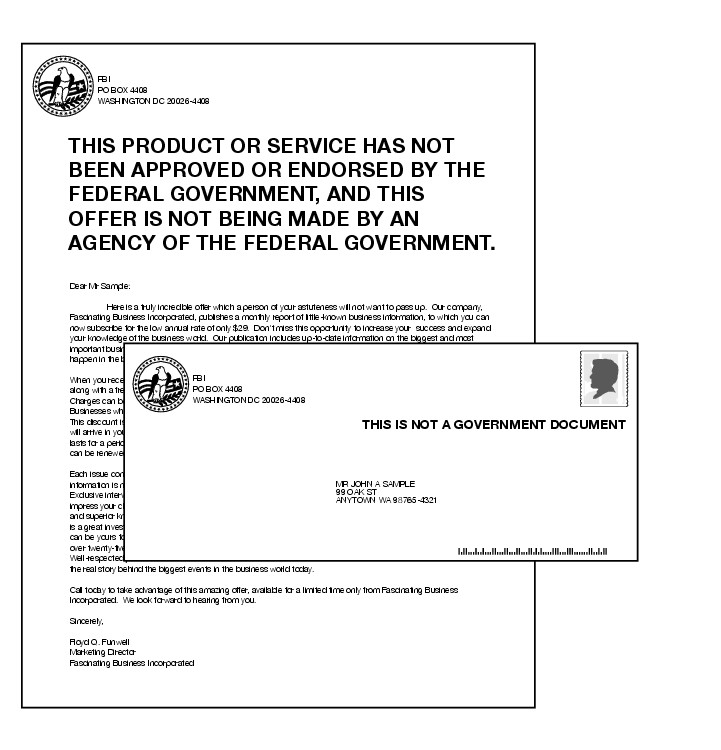 Shows mailpieces with disclaimers for solicitations that imply a connection to the federal government. (enlarged image)