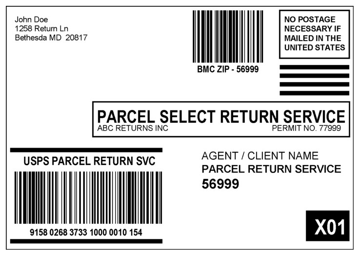 Shows a Parcel Select Return Service label for the RDU option using a separate PRS barcode and Postal Routing Barcode. (enlarged image)
