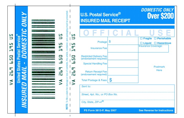 Shows Form 3813-P, Insured Mail receipt. (enlarged image)