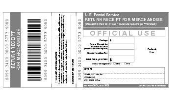 Shows Form 3804, Return Receipt for Merchandise. (click for larger image)
