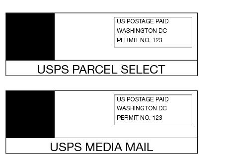 Shows two sample labels with Parcel Post and Media Mail service indicators.