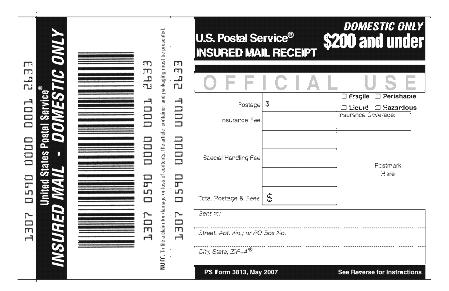 Shows Form 3813, Insured Mail receipt.