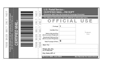 Shows Form 3800, Certified Mail receipt.