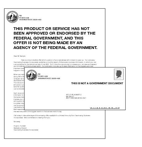 Shows mailpieces with disclaimers for solicitations that imply a connection to the federal government.