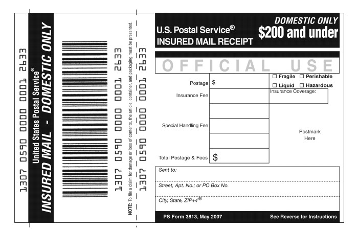 Shows Form 3813, Insured Mail receipt. (enlarged image)