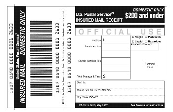 Shows Form 3813, Insured Mail receipt. (click for larger image)