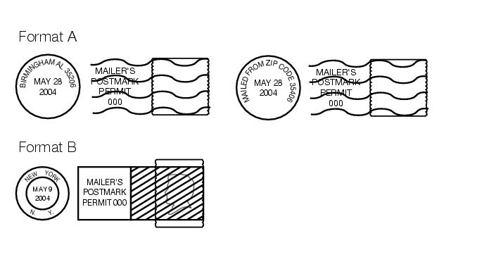 Shows the formats for mailer's precancel postmarks. (enlarged image)