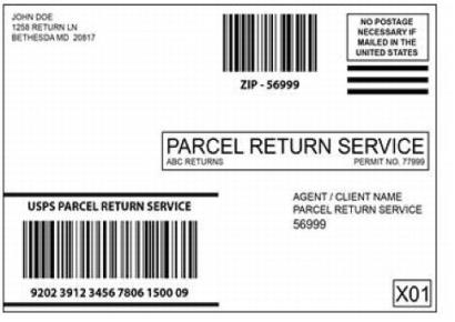 Parcel Return Service label using a separate PRS barcode and postal routing barcode