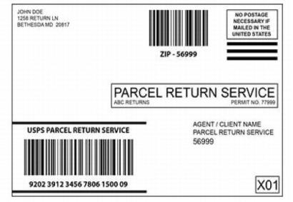 Parcel Return Service label using a separate PRS barcode and postal routing barcode