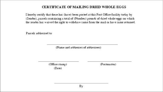 Certificate of Mailing Dried Whole Eggs