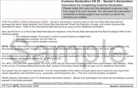 Customs Declaration CN 22 Sender’s Instructions