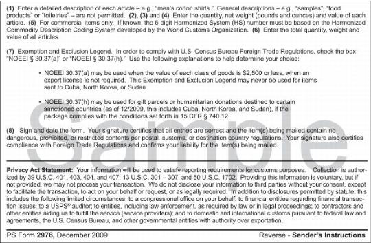Customs Declaration CN 22 Sender's Instructions - Reverse