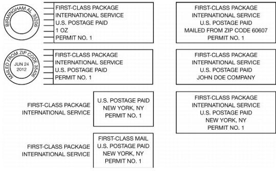 First Class Package International Service indicia.