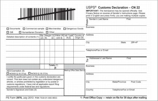 PS Form 2976 Customs Declaration (Post Office)