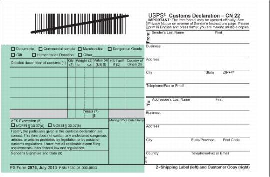 PS Form 2976 Customs Declaration (Customer)