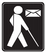 Blind figure with cane and envelope label.