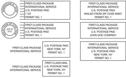 First Class Package International Service indicia.