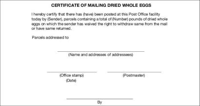 Certificate of Mailing Dried Whole Eggs