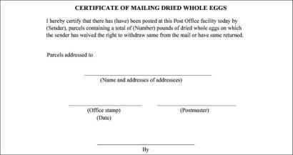 Certificate of Mailing Dried Whole Eggs