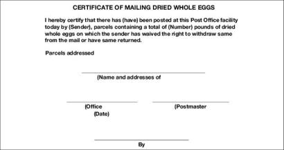 Certificate of Mailing Dried Whole Eggs