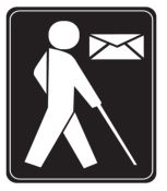Blind figure with cane and envelope label. Blind figure with cane and envelope label.