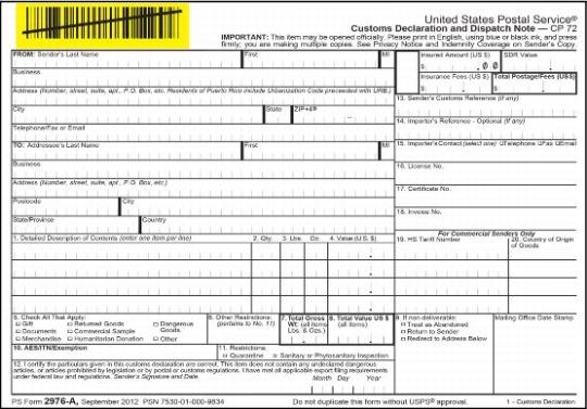 PS Form 2976A Customs Declaration