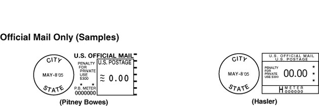 This graphic shows Official Mail Only Metered Postage Designs