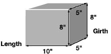 This graphic show an example of measuring length and girt for a box. The example shows length = 10 inches, girth is the measurement around the thickest part (8 +5 + 8 + 5) = 26 inches, and length + girth = 36 inches.