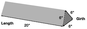 This graphic show an example of measuring length and girt for a three sided tube. The example shows length = 20 inches, girth is the measurement around the thickest part (6 +6 + 6) = 18 inches, and length + girth = 38 inches.
