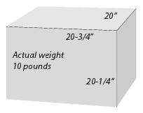This graphic shows an example of a Priority Mail rectangular package requiring Dimensional Weighting.  It is 10 pounds and measures 20 � inches long, 20 inches wide and 20 � inches tall.