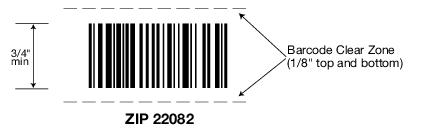 This graphic shows a UCC/EAN Code 128 Barcode with the placement of a ZIP Code 1/4 inch under the barcode.