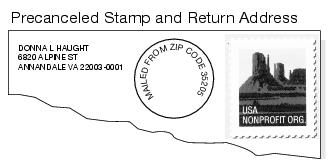 This graphic shows a Precanceled stamp and return address.
