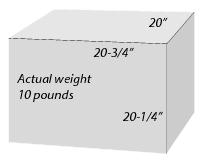 This graphic shows an example of a Priority Mail rectangular package requiring Dimensional Weighting. It is 10 pounds and measures 20 ¾ inches long, 20 inches wide and 20 ¼ inches tall.
