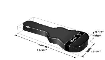 This graphic shows a guitar case with dimension for length, height, and width as described in the text