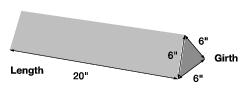 This graphic shows an example of measuring length and girth for a three sided tube. The example shows length = 20 inches, girth is the measurement around the thickest part (6 +6 + 6) = 18 inches, and length + girth = 38 inches.